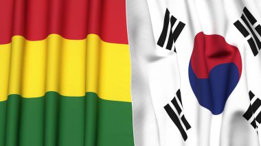 BOLIVIA Bayrakları ve KOREA GÜNEY Gerçekçi kumaş dokusuyla