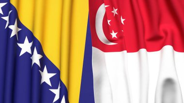 BOSNIA ve SINGAPORE bayrakları gerçekçi kumaş dokusuyla