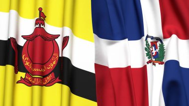 Gerçekçi kumaş dokusuna sahip BRUNEI ve DOMINICAN Cumhuriyet bayrakları
