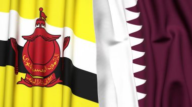 Gerçekçi kumaş dokusuna sahip BRUNEI ve Katar bayrakları