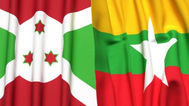 Gerçekçi kumaş dokusuna sahip BURUNDI ve Myanmar bayrakları