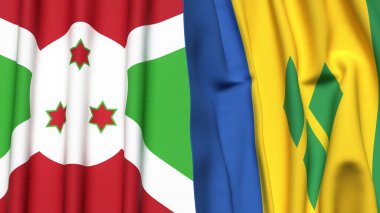 Gerçekçi kumaş dokusuna sahip BURUNDI ve Aziz VINCENT bayrakları