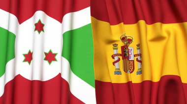 Gerçekçi kumaş dokusuna sahip BURUNDI ve SPAIN bayrakları
