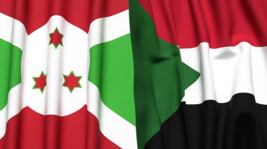 Gerçekçi kumaş desenli BURUNDI ve SUDAN bayrakları