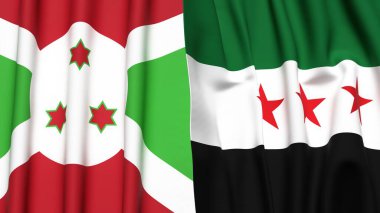 Gerçekçi kumaş dokusuna sahip BURUNDI ve SYRIA bayrakları