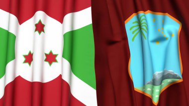 Gerçekçi kumaş dokusuna sahip BURUNDI ve Batı Hint Adaları bayrakları