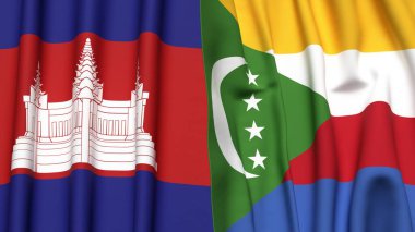 Gerçekçi kumaş dokusuna sahip CAMBODIA ve COMOROS bayrakları