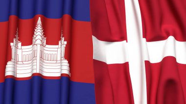 Gerçekçi kumaş dokusuna sahip CAMBODIA ve DENMARK bayrakları
