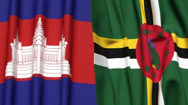 Gerçekçi kumaş dokusuna sahip CAMBODIA ve DOMINICA bayrakları