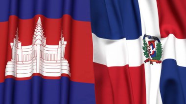 Gerçekçi kumaş dokusuna sahip CAMBODIA ve DOMINICAN REPUBLIC bayrakları