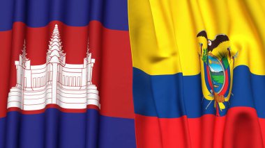 Gerçekçi kumaş dokusuna sahip CAMBODIA ve Ekvador bayrakları