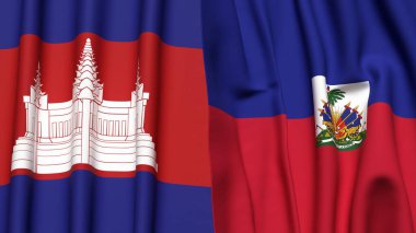 Gerçekçi kumaş dokusuna sahip CAMBODIA ve HAITI bayrakları