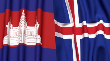 Gerçekçi kumaş dokusuna sahip CAMBODIA ve ICELAND bayrakları
