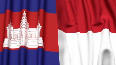 Gerçekçi kumaş dokusuna sahip CAMBODIA ve INDONEZYA bayrakları