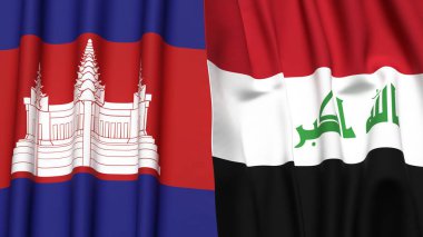 Gerçekçi kumaş dokusuna sahip CAMBODIA ve IRAQ bayrakları