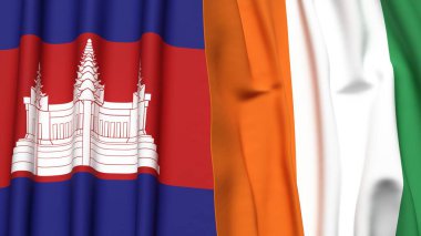 Gerçekçi kumaş dokusuna sahip CAMBODIA ve IVORY Kıyı Bayrakları