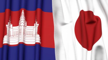 Gerçekçi kumaş dokusuna sahip CAMBODIA ve JAPAN bayrakları