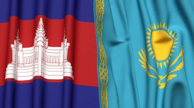 Gerçekçi kumaş dokusuna sahip CAMBODIA ve KAZAKHSTAN bayrakları