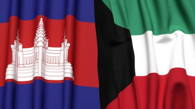 Gerçekçi kumaş dokusuna sahip CAMBODIA ve KUWAIT bayrakları