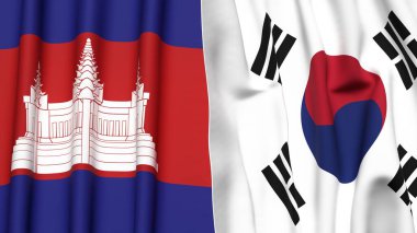 CAMBODIA Bayrakları ve KOREA GÜNEY Gerçekçi kumaş dokusuna sahip