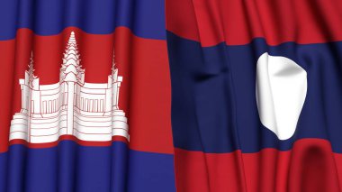 Gerçekçi kumaş dokusuna sahip CAMBODIA ve LAOS bayrakları