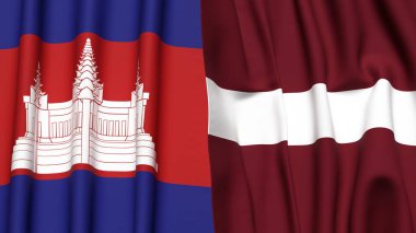 Gerçekçi kumaş dokusuna sahip CAMBODIA ve LATVIA bayrakları