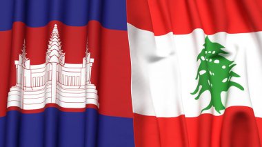 Gerçekçi kumaş dokusuna sahip CAMBODIA ve LEBANON bayrakları