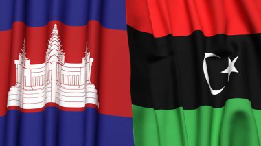 Gerçekçi kumaş dokusuna sahip CAMBODIA ve LIBYA bayrakları