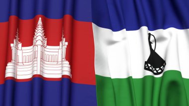 Gerçekçi kumaş dokusuna sahip CAMBODIA ve LESOTHO bayrakları