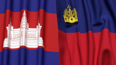 Gerçekçi kumaş dokusuna sahip CAMBODIA ve LIECHTENSTEIN bayrakları
