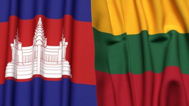 Gerçekçi kumaş dokusuna sahip CAMBODIA ve LITHUANIA bayrakları