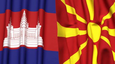 Gerçekçi kumaş dokusuna sahip CAMBODIA ve MACEDONIA bayrakları