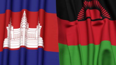 Gerçekçi kumaş dokusuna sahip CAMBODIA ve MALAWI bayrakları