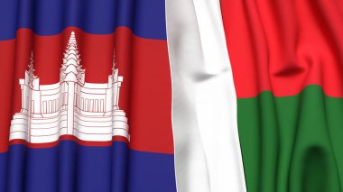 Gerçekçi kumaş dokusuna sahip CAMBODIA ve MADAGASCAR bayrakları