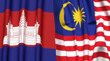 Gerçekçi kumaş dokusuna sahip CAMBODIA ve MALAYSIA bayrakları