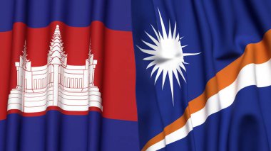 CAMBODIA Bayrakları ve Marshall Adaları gerçekçi kumaş dokusuna sahip