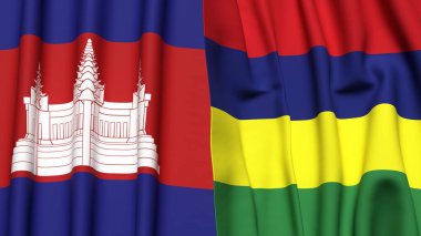 Gerçekçi kumaş dokusuna sahip CAMBODIA ve MAURITIUS bayrakları