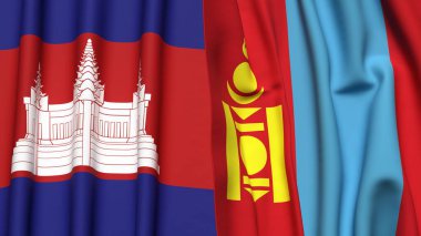 Gerçekçi kumaş dokusuna sahip CAMBODIA ve MONGOLIA bayrakları