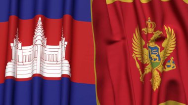 CAMBODIA ve MONTENEGRO bayrakları gerçekçi kumaş dokusuyla