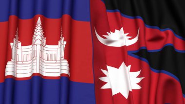 Gerçekçi kumaş dokusuna sahip CAMBODIA ve NEPAL bayrakları