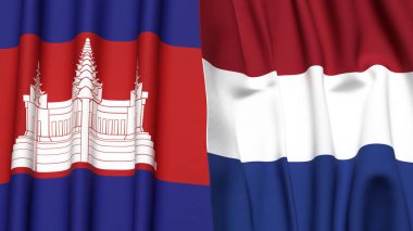 Gerçekçi kumaş dokusuna sahip CAMBODIA ve NETHERLANDS bayrakları