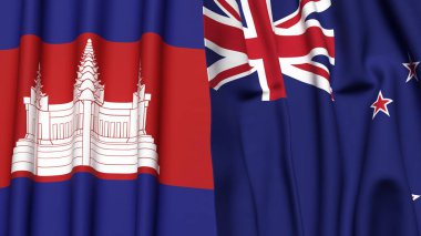 CAMBODIA ve NEW ZEALAND bayrakları gerçekçi kumaş dokusuyla
