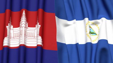 Gerçekçi kumaş dokusuna sahip CAMBODIA ve NICARAGUA bayrakları