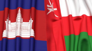 CAMBODIA ve OMAN bayrakları gerçekçi kumaş desenli