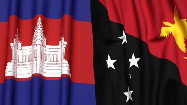 CAMBODIA ve PAPUA YENİ GİNE bayrakları gerçekçi kumaş dokusuna sahip