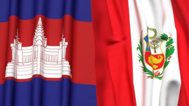 Gerçekçi kumaş dokusuna sahip CAMBODIA ve Peru bayrakları
