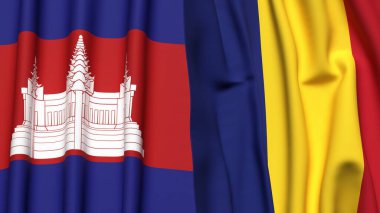 Gerçekçi kumaş dokusuna sahip CAMBODIA ve ROMANIA bayrakları