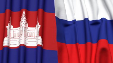 Gerçekçi kumaş dokusuna sahip CAMBODIA ve RUSSIA bayrakları