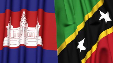 Gerçekçi kumaş dokusuna sahip CAMBODIA ve Aziz Kitts bayrakları