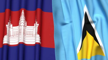 CAMBODIA ve SAINT LUCIA bayrakları gerçekçi kumaş dokusuyla